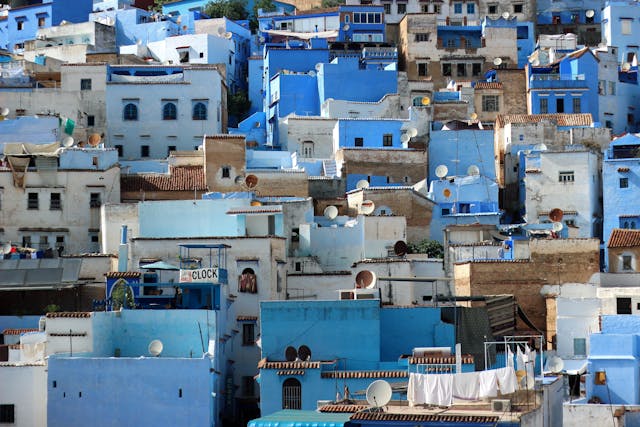 Blue buildings in a hillside village in chefchaouen