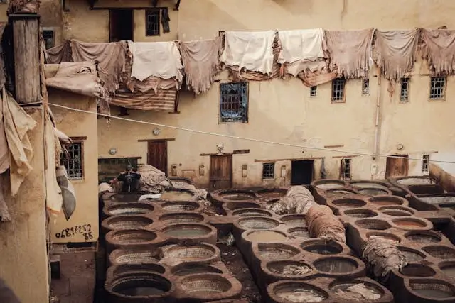 Tannery with drying leather and vats