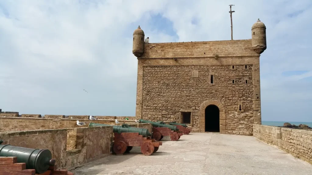 Historic stone fortress with cannons at Skala de la Ville in Essaouira, Morocco.