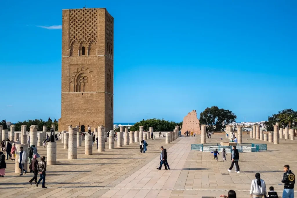 The historic Hassan tower and the ancient Roman-style columns in the outer courtyard of the mausoleum of Mohammed V in Rabat, Morocco.