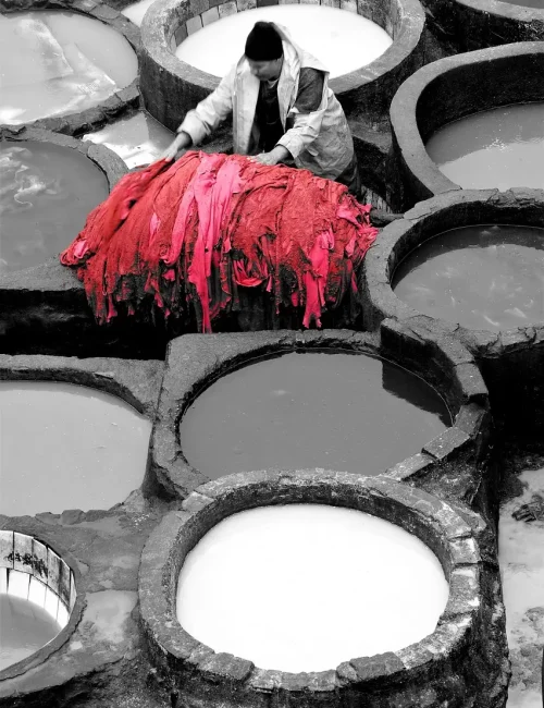 Worker dyeing red leather hides in traditional stone vats at the Chouara Tannery in Fez, Morocco.